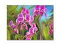 A purple orchid surrounded by flowers and colorful pictures on a green background.