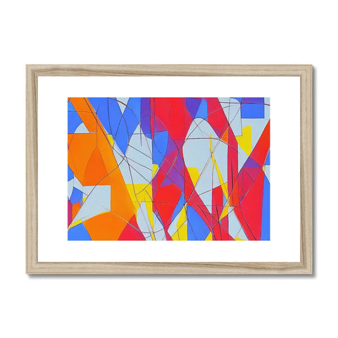 A metal print of colorful designs on a framed piece of art.