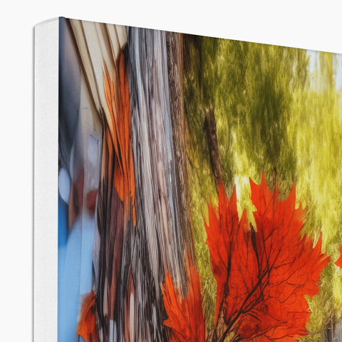 An artwork print with fall foliage next to apple trees covered in leaves.