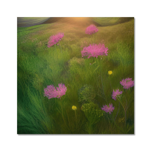A field with tall grass with pink flowers and green grass.