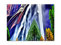A colorful waterfall falls in a picture above a blue field, white rock, and trees