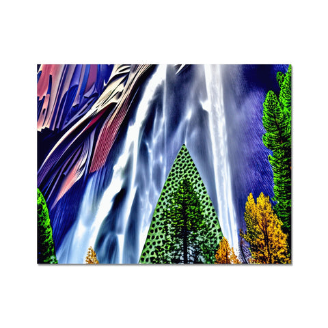 A colorful waterfall falls in a picture above a blue field, white rock, and trees