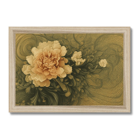 An art print with a gold flower on it  on a wooden frame.
