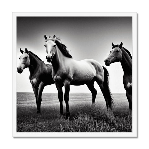 Three horse standing at a dirt area looking up through a tall grassy field.