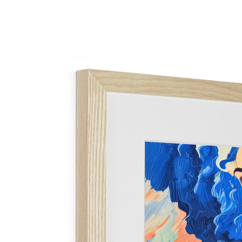 A wooden frame has a piece of art printed on it on top of it.