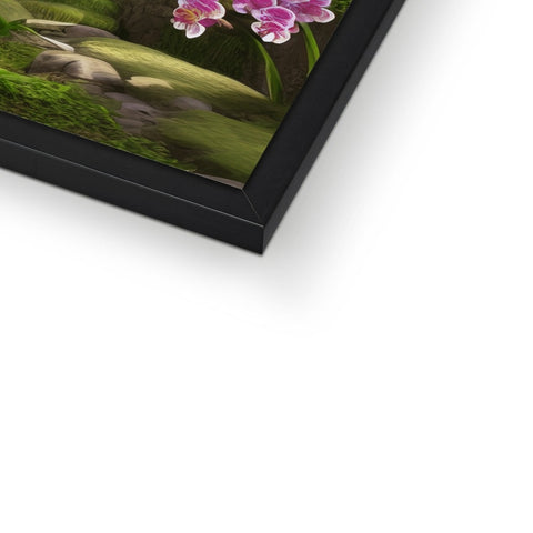 A photo of a large picture frame with three different colors of flowers next to it.