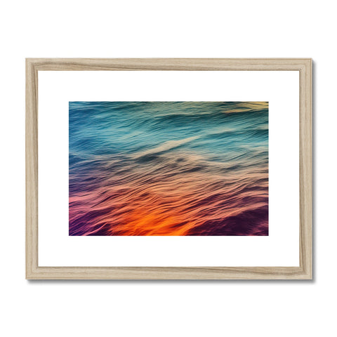 A picture of beach surrounded by colorful ocean waves framed in metal.