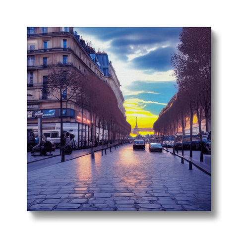 A large picture of a street in Paris with people walking down it.