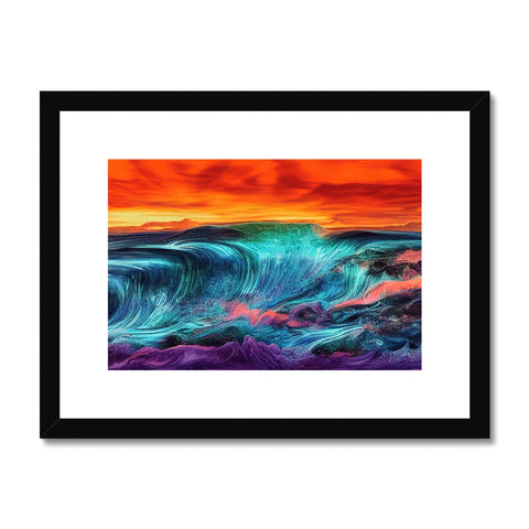 Art print on white background with waves crashing onto the shore of a lake.