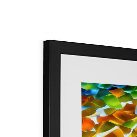 An abstract photograph has a small print on a white metal picture frame.