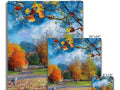 A white paper card featuring three colorful pictures that have some foliage on them
