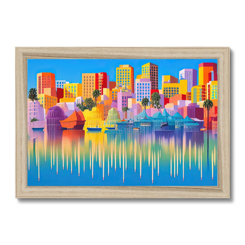 A colorful print painting of sailboats and trees resting in the water as a group of