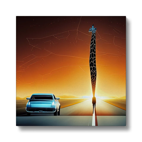 A giraffe in front of a tall building with an art print in the background.