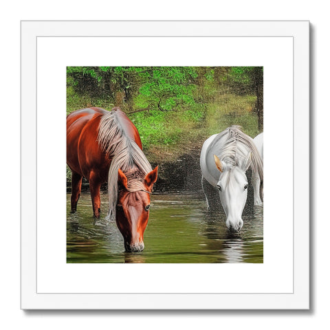 Two close up photographs of horses in the water at the horse pond