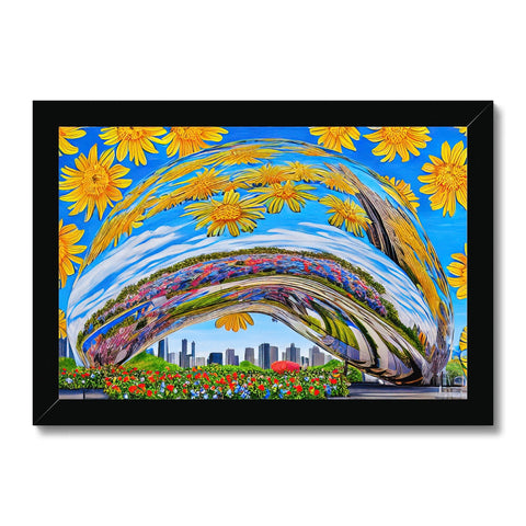 A framed art print of a flower garden looking at the skyline with flowers in the background