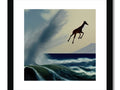 A giraffe that is riding over some rocks on a surfboard looking at ocean waves