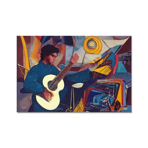 A man holding a guitar in front of some artwork printed prints on a canvas.