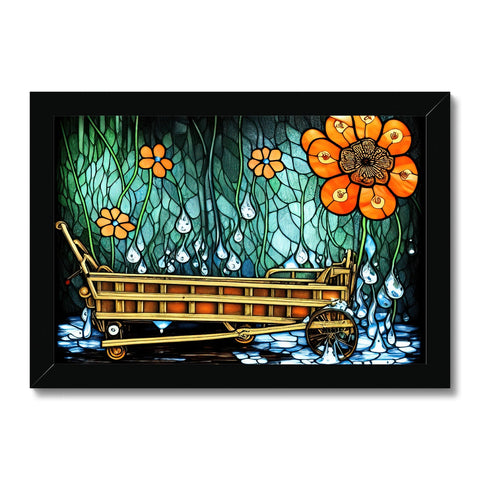 A rowboat on the river with a painted frame holding two art printed art pieces on