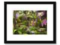 Art print in a jungle area with flowers and a dog walking through plants