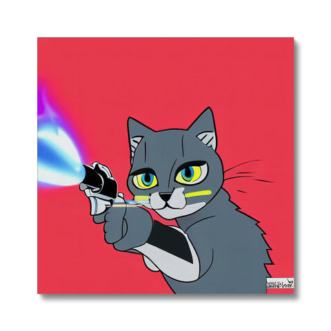 A cat posing with a blue laser with a large red square print.