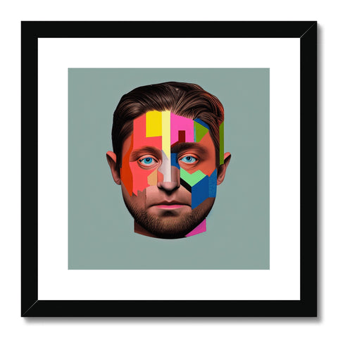A colorful photo of a face on a white framed poster