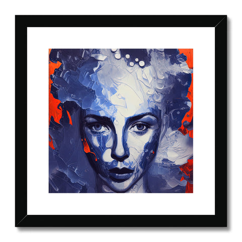 a woman with hair and blue eyes looking at a silver framed art print