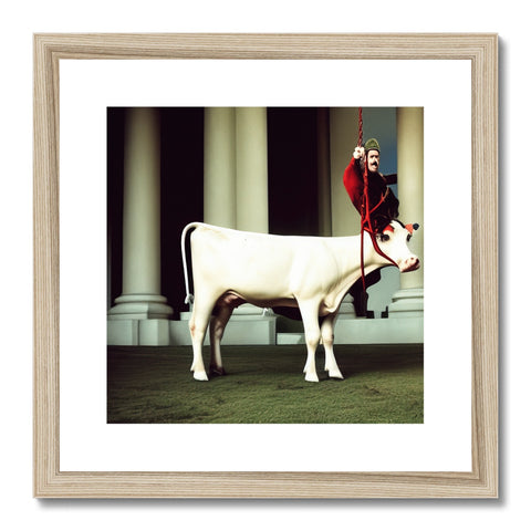 A picture of a cow with horn on that is in frame.
