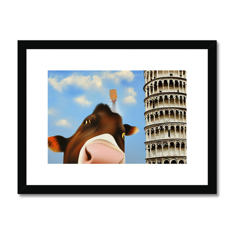 A cow standing on a wall looking at it's face of a building and in the