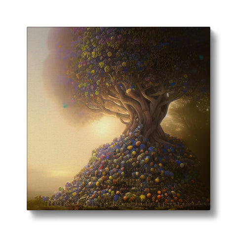 Art print above an apple tree on a white lawn covered in dirt.