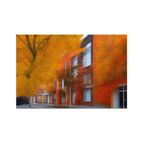 A yellow square painting of orange autumn leaves on a tree and a wooden frame with a