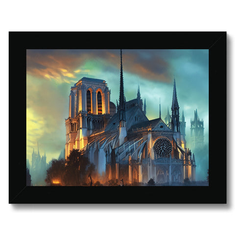 A white and blue painting hanging above a cathedral in a beautiful city.