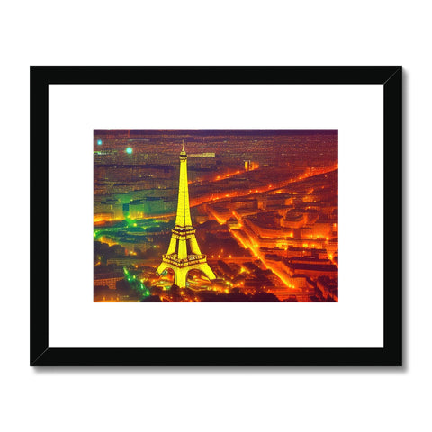 A frame of an art print of the Eiffel tower with a large sky and