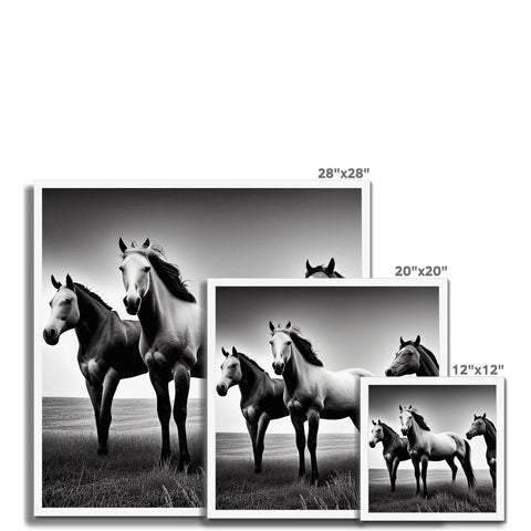 an image of four horses are standing beside a white mirror