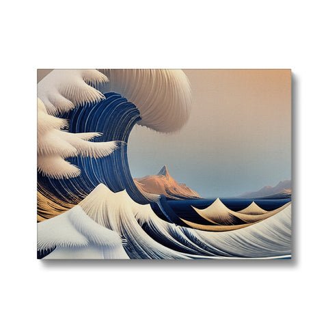 An ocean wave riding on a blanket over water covered with mountains.