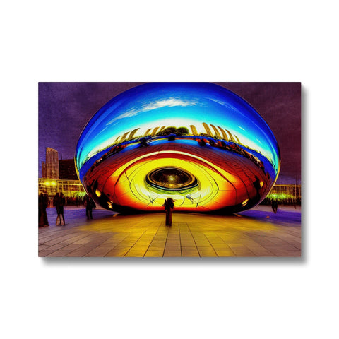 Art print on corner of round building with a curved mirror in the background.
