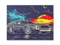 A painting is sitting on top of a red hot hot rod next to an empty car