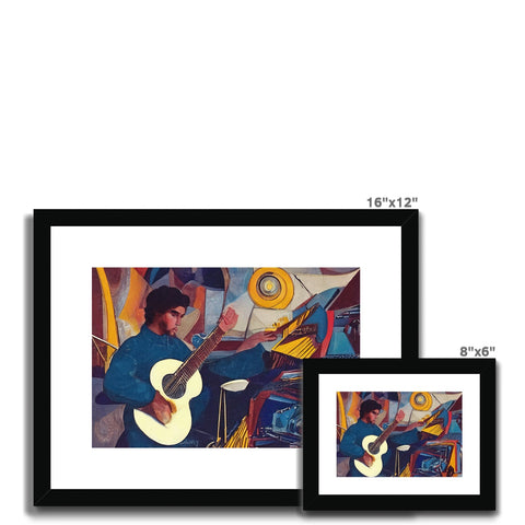 A framed print print of a blue guitar sitting on a wall with some pictures and a