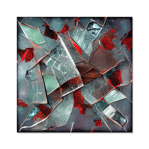A large white framed photo of a painting on a wall with a pile of broken glass
