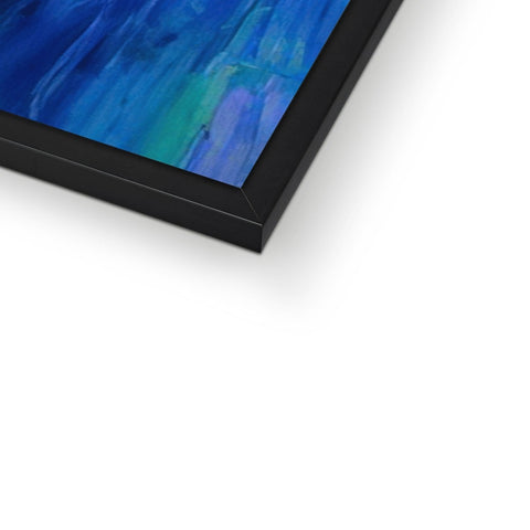 A blue and white image of a picture frame with an image of an abstract painting