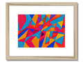 A framed art print with a colorful geometric pattern is on a wood frame.