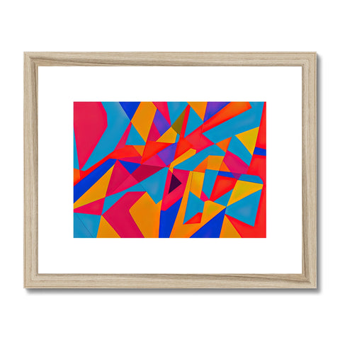 A framed art print with a colorful geometric pattern is on a wood frame.