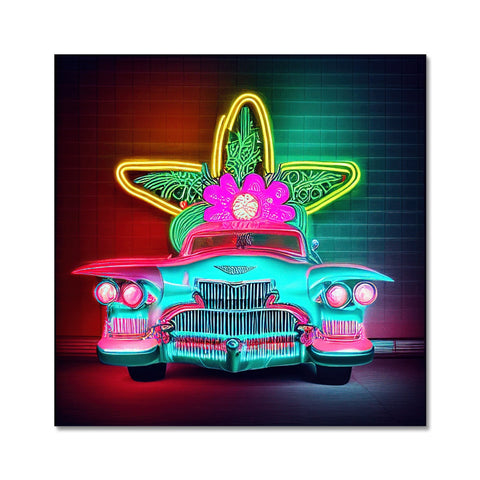 A car sitting next to an art print with a neon light on it.