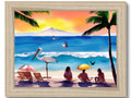 A picture frame that shows a tropical beach and a sunset.