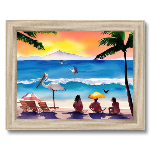 A picture frame that shows a tropical beach and a sunset.