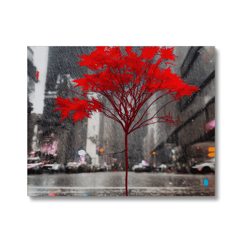 Art print that stands on top of a tree in the rain under a colorful scarf.