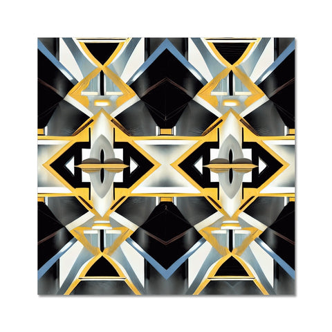 An oriental shaped tile with a geometric pattern and a black border.