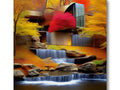A print on a wall hanging with a collection of colorful images of fall foliage.