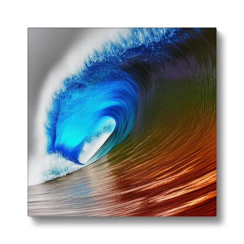 A red wave is crashing into the ocean next to a blue and white picture painting.
