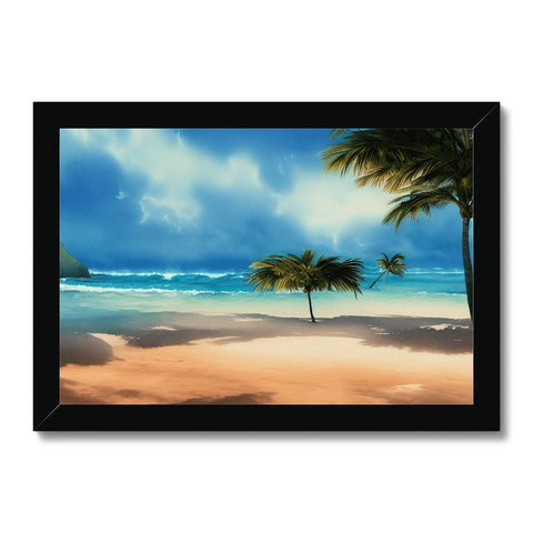 A framed picture of tropical beach with palm trees and ocean in the background.