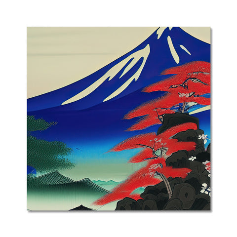 The mountain peaks are displayed on a small colorful picture of a samurai painting.
